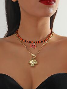 萬聖節項鍊恐怖骷髏南瓜蜘蛛項鍊女款橙黑色高分子黏土假日派對珠寶