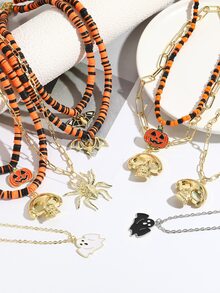 萬聖節項鍊恐怖骷髏南瓜蜘蛛項鍊女款橙黑色高分子黏土假日派對珠寶