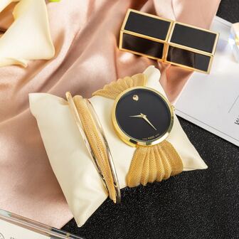 2 pièces/set Montre-bracelet de style européen et américain à bracelet en maille pour dames avec boîte-cadeau, idéal comme cadeau pour les élèves retournant à l'école