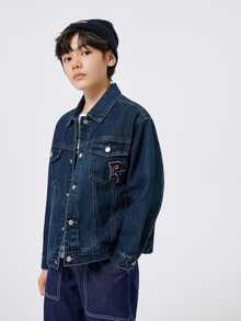 Balabala 1入組青少年男孩字母刺繡圖案翻蓋口袋落肩袖牛仔夾克合適的適合春天和秋天 - 深色水洗藍 - 查看 3