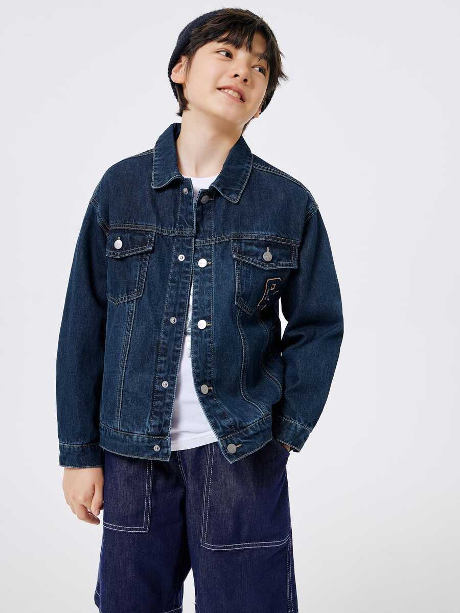 Balabala 1入組青少年男孩字母刺繡圖案翻蓋口袋落肩袖牛仔夾克合適的適合春天和秋天 - 深色水洗藍 - 查看 1