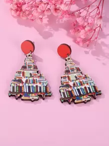 1 對卡通燈泡、書籍和聖誕樹設計甜美可愛耳環適合女士聖誕節佩戴 - 彩色 - 查看 2