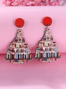 1 對卡通燈泡、書籍和聖誕樹設計甜美可愛耳環適合女士聖誕節佩戴 - 彩色 - 查看 1