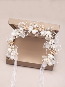 1pc Ladies' Mori Style Crystal & Faux Pearl & Flower Decor Hairband With Gold-Colored Rim For Wedding Or Party Elegant