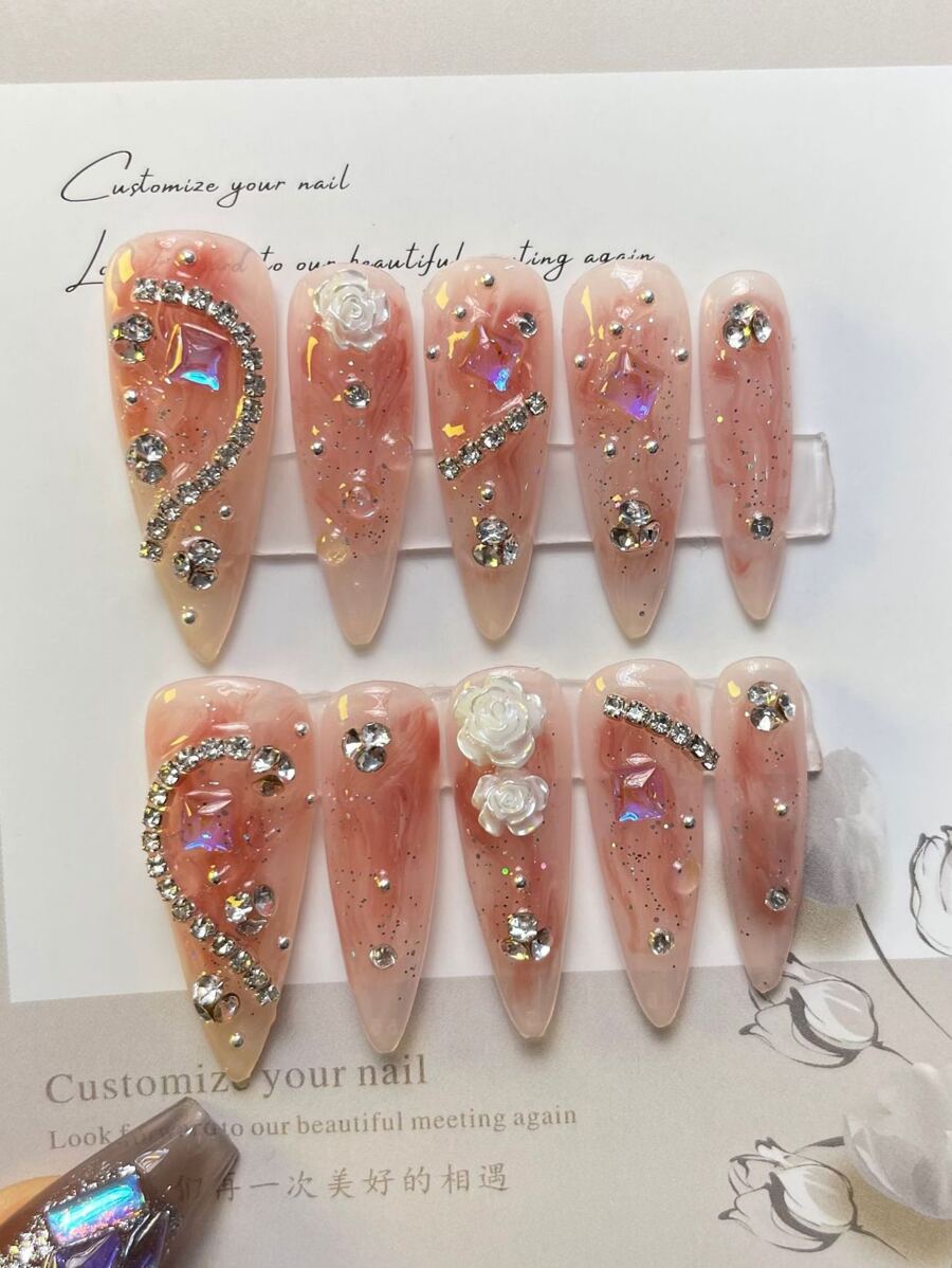 10pcs Extra Long Almond Shaped Nail Art Handmade Pearl, Rhinestone & Chain Decor Full Cover Press-On False Nails With Jelly Gel And Mini Nail File, Upgrade Your Fingertips For A Charming Look Nail Supplies - Multicolor - View 1