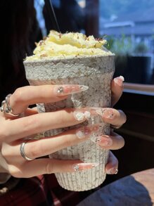 10pcs Extra Long Almond Shaped Nail Art Handmade Pearl, Rhinestone & Chain Decor Full Cover Press-On False Nails With Jelly Gel And Mini Nail File, Upgrade Your Fingertips For A Charming Look Nail Supplies - Multicolor - View 3