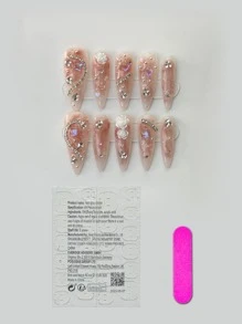 10pcs Extra Long Almond Shaped Nail Art Handmade Pearl, Rhinestone & Chain Decor Full Cover Press-On False Nails With Jelly Gel And Mini Nail File, Upgrade Your Fingertips For A Charming Look Nail Supplies - Multicolor - View 7