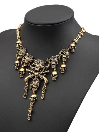 1入組女性誇張多層骷髏&鬼頭流蘇合金項鏈,金/銀