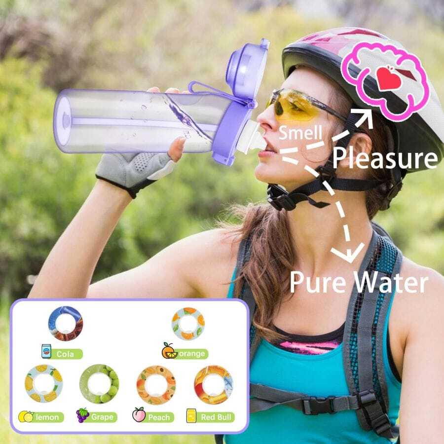 (650毫升水瓶+7個口味環)具有創意零糖零卡路里口味環的跳躍式蓋運動水杯。在喝水時享受果汁味。適合旅行,運動,健身,戶外活動和學校。 - 650ML(紫色)+6Pods - 查看 1