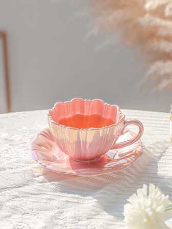 1 套 260 毫升粉色陶瓷咖啡杯碟，用于咖啡和茶的陶瓷杯碟，极具吸引力的家居装饰杯，情侣