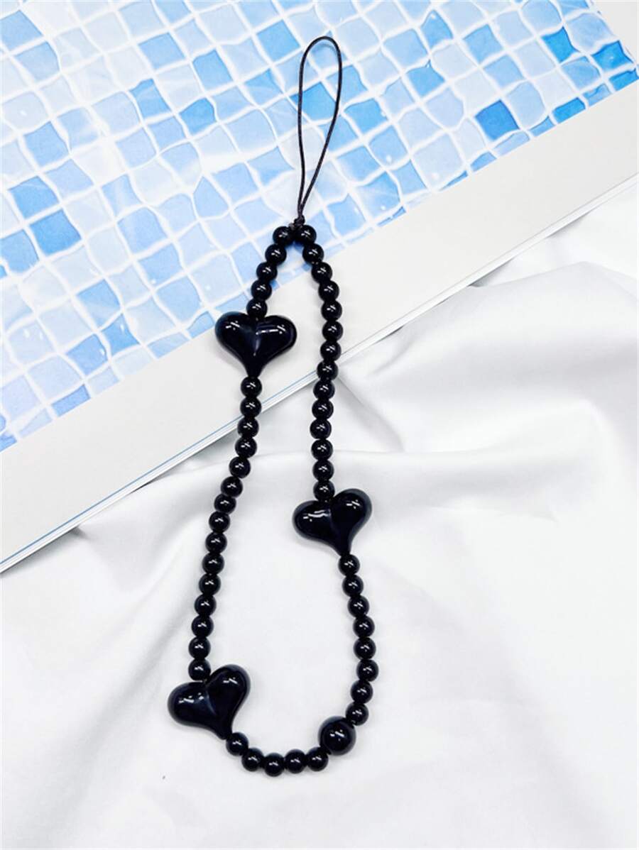 1 Pieza Colgante De Decoración De Teléfono Celular Con Diseño De Corazón Y Cuenta, Negro - Negro - Ver 1