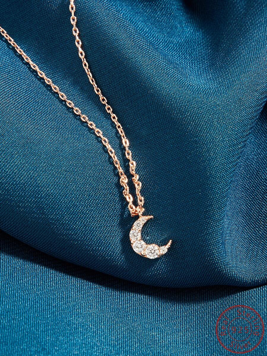 Cici Color 1 件香檳鍍 S925 銀鑲嵌白色圓形方晶鋯石,休閒可愛情侶禮物月亮形狀吊墜項鍊適合女士日常生活、約會、旅行,帶禮盒