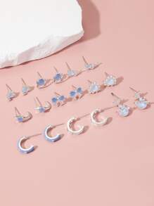 18 件/套优雅不对称心形、可爱蝴蝶结、海洋海星和随机蓝色度假风格吊坠耳环，适合女孩 - 藍色 - 查看 2