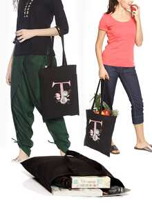 休閒粉紅花朵字母印花帆布手提袋,大容量女士手袋可折疊可重複使用購物袋旅行買菜袋 - 黑色 - 查看 4