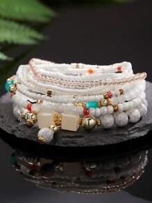 8入組波西米亞風格可疊加串珠多層手鍊,彩色彈性手鍊,魅力珠寶套裝手工流蘇手鍊,適用於女性 - 米色 - 查看 1