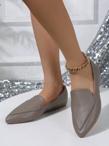 Women's Simple Solid Color Comfortable Flat Shoes For Office, Outdoors And Leisure In Spring And Autumn, Made Of Pu Leather - Grey - View 3