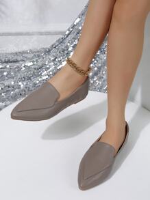 Women's Simple Solid Color Comfortable Flat Shoes For Office, Outdoors And Leisure In Spring And Autumn, Made Of Pu Leather - Grey - View 2