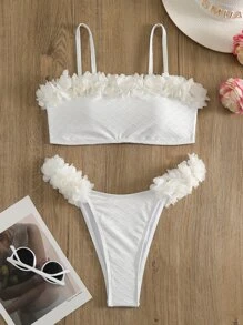 Women's Texture & 3d Flower Design Two-piece Bikini Set
