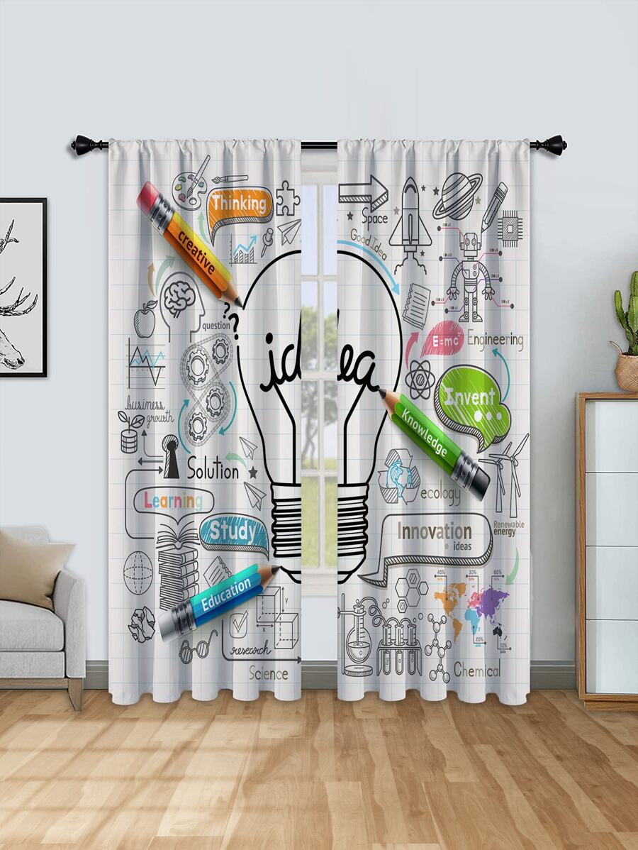 2pcs Hand Painted Bulb & Tutorial Printed Blackout Curtains