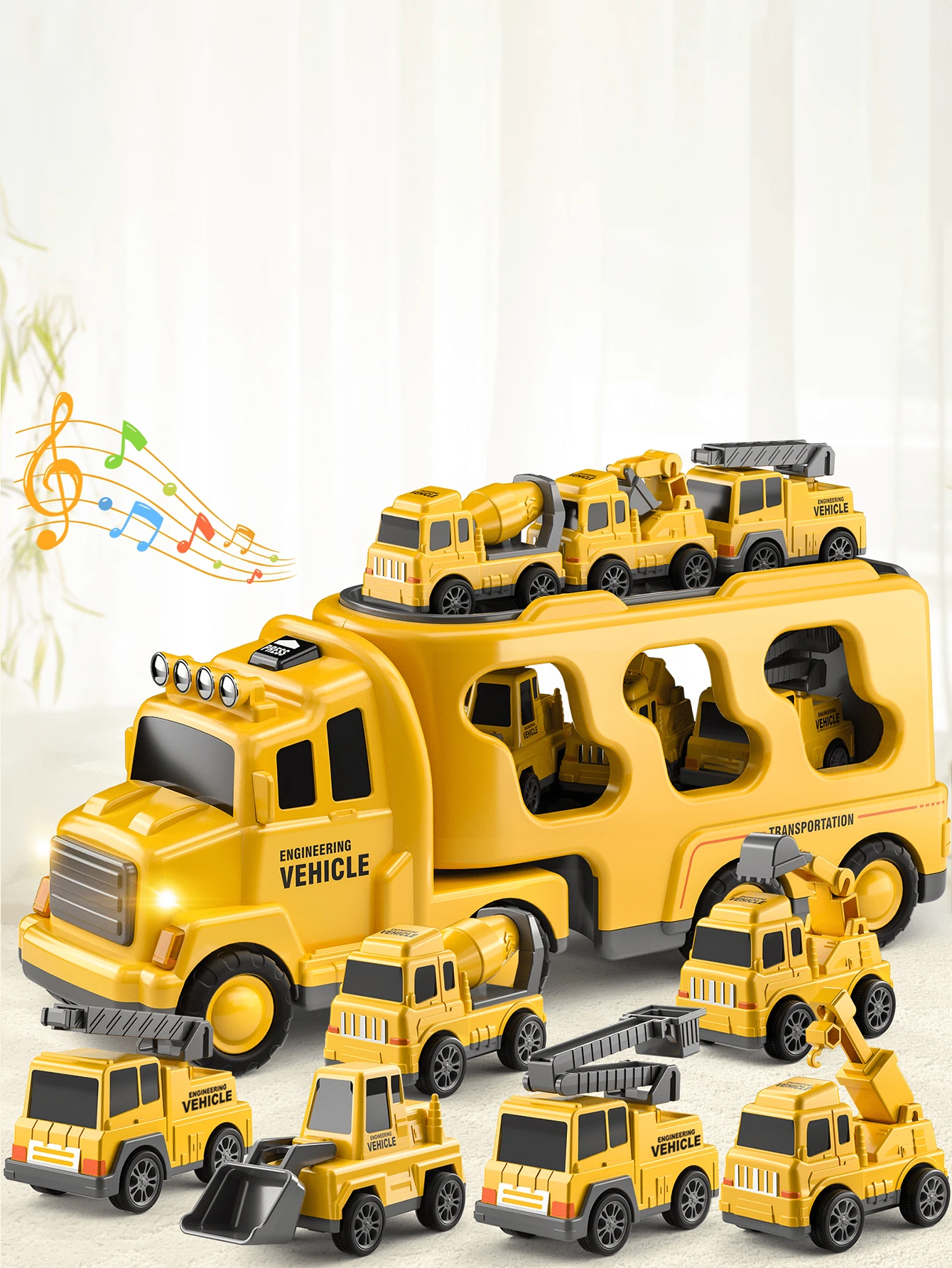 Temi建築卡車玩具車-3-5歲幼童-7合1摩擦動力車-3 4 5 6歲男孩用運輸車-3-5歲兒童用運輸卡車-3-9歲男女童用的玩具車組 - 薑色 - 查看 1