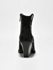 Women's  Rhinestone Suede Block Heel Booties - Single Pointy Toe Suede Western High Heel - Black - View 6
