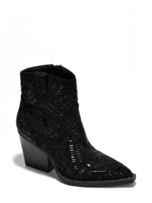 Women's  Rhinestone Suede Block Heel Booties - Single Pointy Toe Suede Western High Heel - Black - View 4