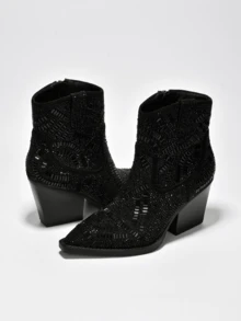 Women's  Rhinestone Suede Block Heel Booties - Single Pointy Toe Suede Western High Heel - Black - View 2