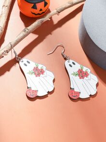 1對哥特式復古木製鬼魂設計耳環,創意南瓜形狀女士耳飾,適用於萬聖節和感恩節派對服裝配件