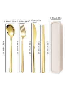 4pcs Stainless Steel Portable Cutlery Set, Travel Utensils With Box, Reusable Camping Flatware Set Including Fork, Spoon, Chopsticks And Case, Suitable For Western Dining, Kitchen, Lunch Box, Office, Picnic, Daily Use, Christmas, Ideal Gift Combination,School Supplies - Multicolor - View 2