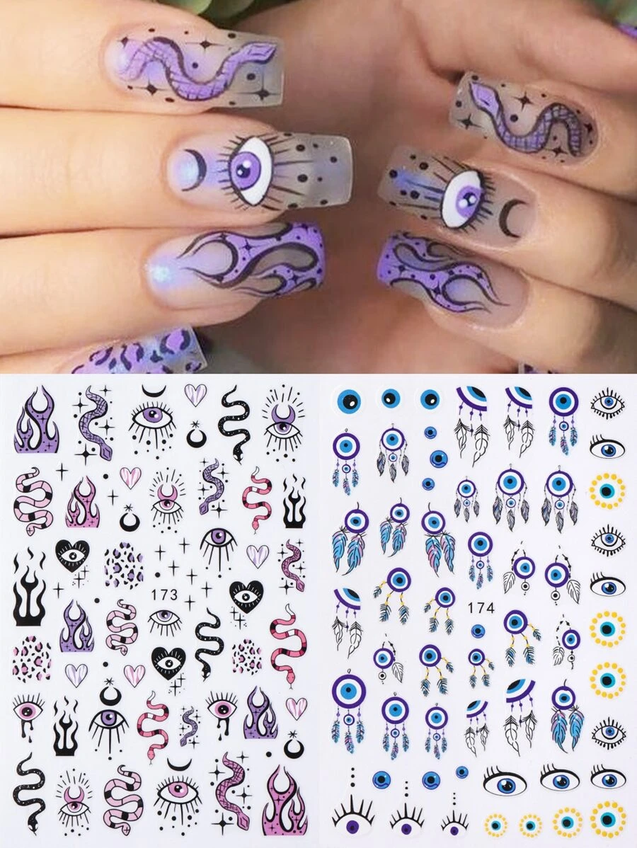 2入組指甲上的邪惡眼貼紙,捕夢網3d滑動器向量套裝,眼睛符號美甲貼紙,自粘鋁箔裝飾 - 杏色 - 查看 1