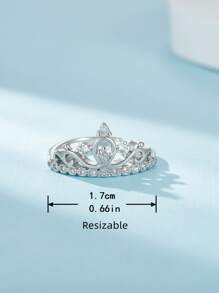 1pc European And American Style Luxurious Cz Stone Crown & Heart Detail Adjustable Opening Ring, Ideal For Classic Bridal Wedding Ring - Silver - View 2
