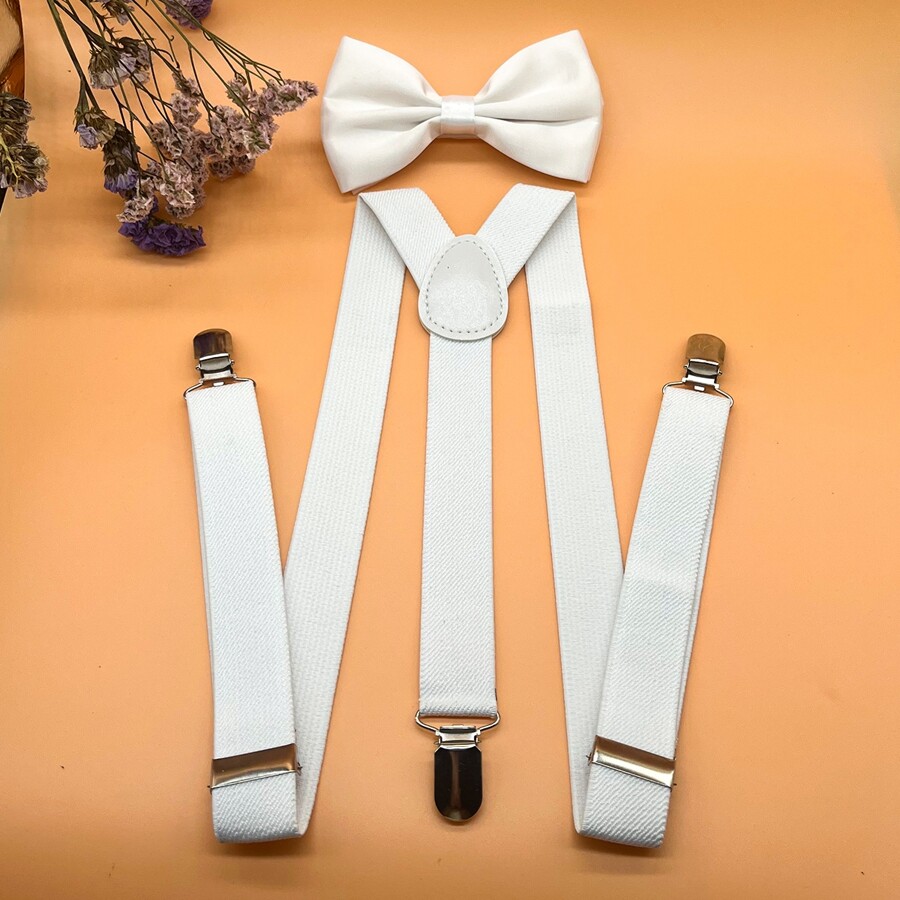 1set Men's White Casual Tie & Suspenders Suit, With Suspender Trousers