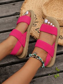 Women's Fashion Vacation Style Sandals, Black Criss-Cross Strap Slippers, Beach Hawaii Style Shoes, Suitable For Autumn & Summer - Rose Red - View 1