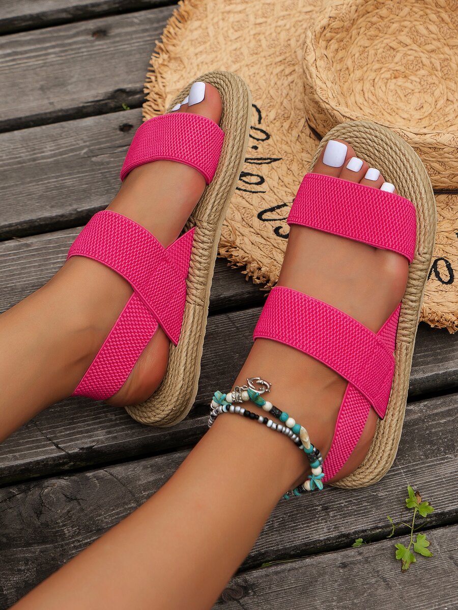 Women's Fashion Vacation Style Sandals, Black Criss-Cross Strap Slippers, Beach Hawaii Style Shoes, Suitable For Autumn & Summer - Rose Red - View 1