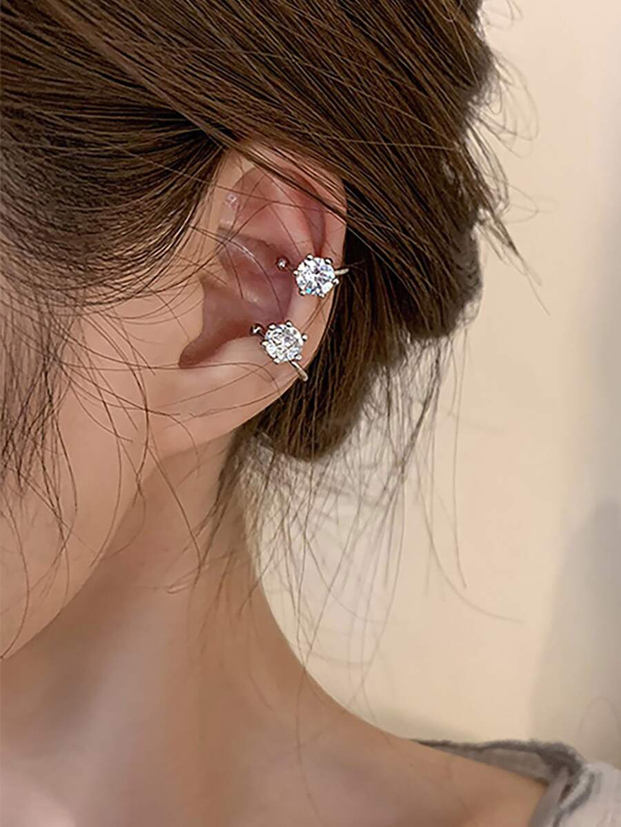 2入組時尚不附帶穿孔女士耳環假穿孔方晶鋯石耳朵夾首飾類禮物適合女孩 - 銀色 - 查看 1