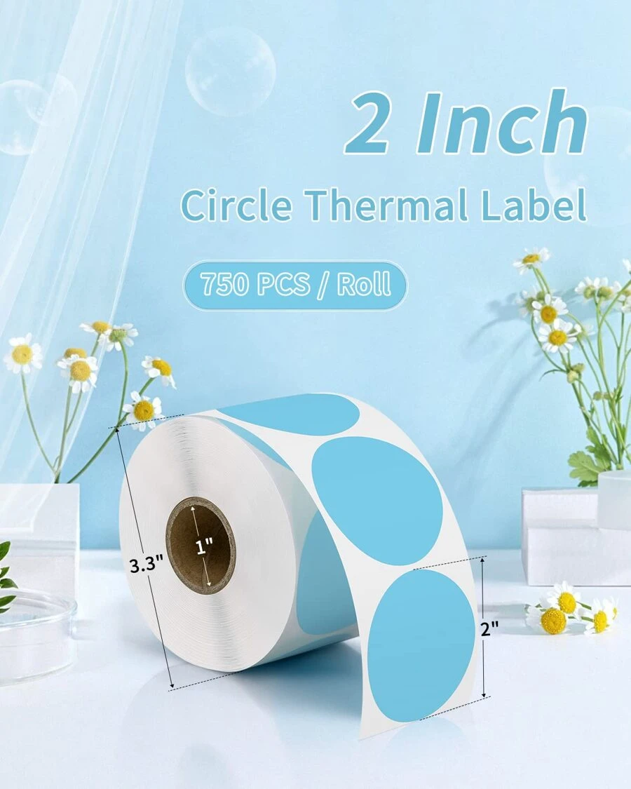 JADENS 2 Inch Round Direct Thermal Sticker Label, Self-Adhesive & Waterproof Label For DIY Logo, QR Code, Name Tag, Thank You Sticker For Small Businesses, BPA & BPS Free, 750 Labels/Roll, Blue - Màu xanh lam - Xem 1