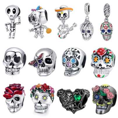 WOSTU 1 pieza Cuentas de plata de ley 925 con diseño de calavera oscura, accesorios de Halloween para pulsera, collar o colgante, regalo de joyería