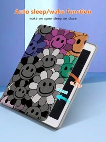 笑脸花朵保护壳兼容 iPad 10.2 英寸 2021/2020 iPad 第 9/8 代，兼容三星 Galaxy Tab A8 10.5 英寸 2022，兼容 Tab 保护套，带笔架，支持自动睡眠/唤醒盖 - 灰色360°旋轉 - 查看 7