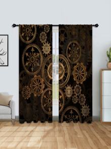 2pcs Gold Color Gear Printed Blackout Curtains For Windows