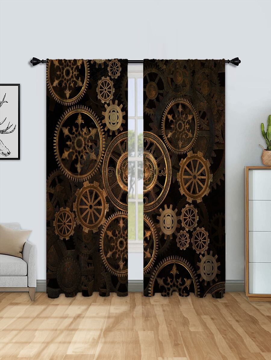 2pcs Gold Color Gear Printed Blackout Curtains For Windows