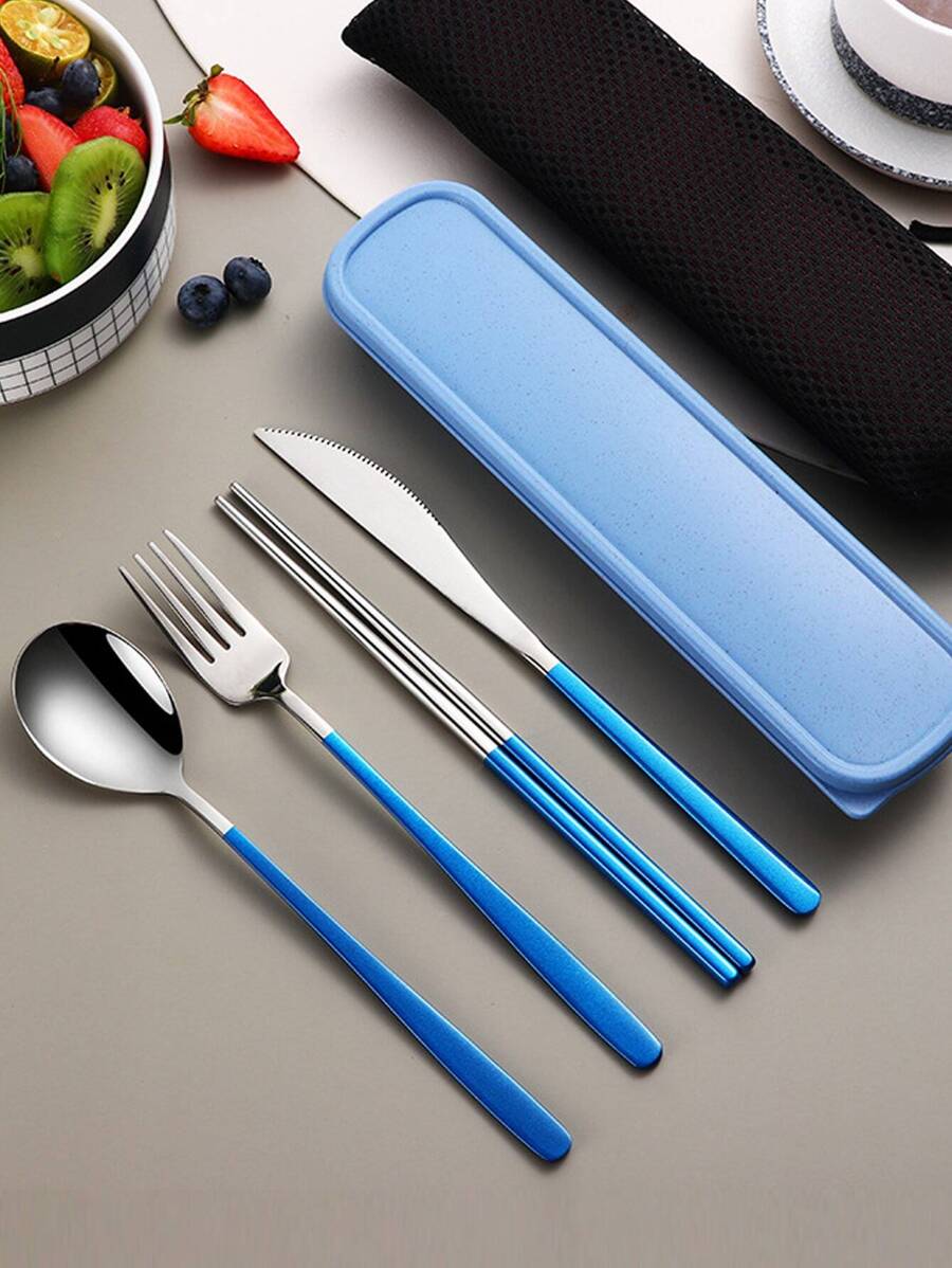 4pcs Stainless Steel Portable Cutlery Set, Travel Utensils With Box, Reusable Camping Flatware Set Including Fork, Spoon, Chopsticks And Case, Suitable For Western Dining, Kitchen, Lunch Box, Office, Picnic, Daily Use, Christmas, Ideal Gift Combination,School Supplies - Multicolor - View 1