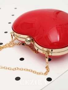CEZIRA Acrylic Heart-Shaped Evening Bag, Metal Frame Clasp Wallet, Long Chain, Fashion & Cute, Crossbody Shoulder Handbag, Women's Party Gift - Red - View 7