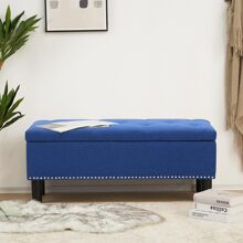 Ghế băng lưu trữ hình chữ nhật Fumahaus có viền đinh tán Ghế băng phòng ngủ bọc vải lanh hiện đại có ngăn lưu trữ Ghế băng để giày lối vào có nút thắt cho phòng khách Hành lang Quà tặng ngày lễ Tạ ơn Trang trí Giáng sinh - Màu xanh lam - Xem 8