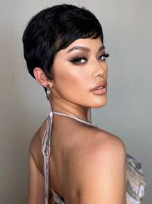 Pixie Cut Wigs 3 Inch Short Layered Curly Pixie Cut Black Synthetic Hair Wigs With Bangs For Women Daily Party Use - Black - View 3