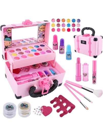 Maquillaje de Juguete para Niñas 34 en 1, Kit Lavable con Espejo y Accesorios, Regalos para Niñas 3-12 Años Fiestas Cumpleaños