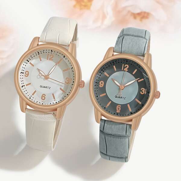 2pcs/set Female Luxury Fashion Rose Gold White & Light Blue Noble Elegant Digital Dial Pu Leather Watch, Timing Function Wristwatch, Gift For Women/girls On Special Occasions