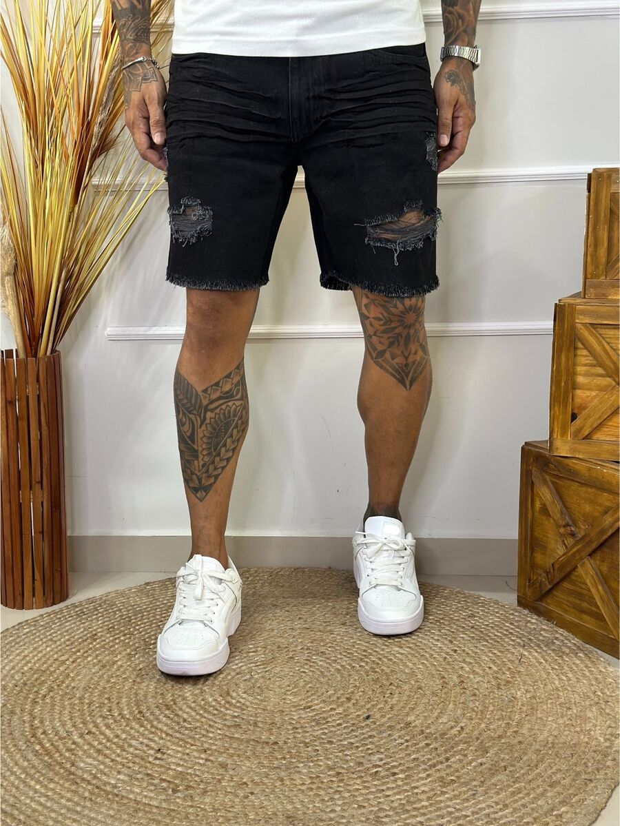 Men Denim Shorts - 黑色 - 查看 1