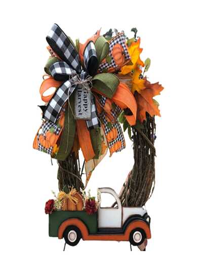 Halloween Wreath 1pc Wooden Pumpkin Truck Handmade,Autumn Harvest Vintage Farmhouse Thanksgiving Decorations Wall Window Party Decor Fall Wreaths For Front Door Indoor& Outdoor(Orange)