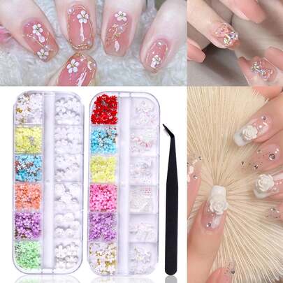 2 Boxes Flower & Butterfly Nail Studs, Mixed With Rhinestone Nail Decorations, 1 Set Nail Art Tools And Rhinestone Accessories, Mixed Shapes Nail Decorations, Suitable For Manicure, Face Painting, Shoes, Wheels, Etc.