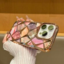 1 件粉色 Imd 電鍍防摔保護殼,帶鑽石網格和大理石設計貼紙,兼容 Iphone - 粉色 - 查看 4